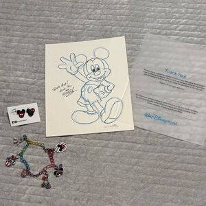 Disney Mickey Mouse Charm Bracelet, Earrings, and a drawing by Don Williams
